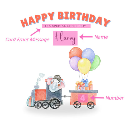 Elephant in a Train-Personalised Birthday Folded Card for Boys, Custom Name and Message Watercolour Style Happy Birthday Card, Any Age Birthday, 1st 2nd 3rd 4th 5th 6th 7th 8th 9th 10th, Customisable Birthday Card