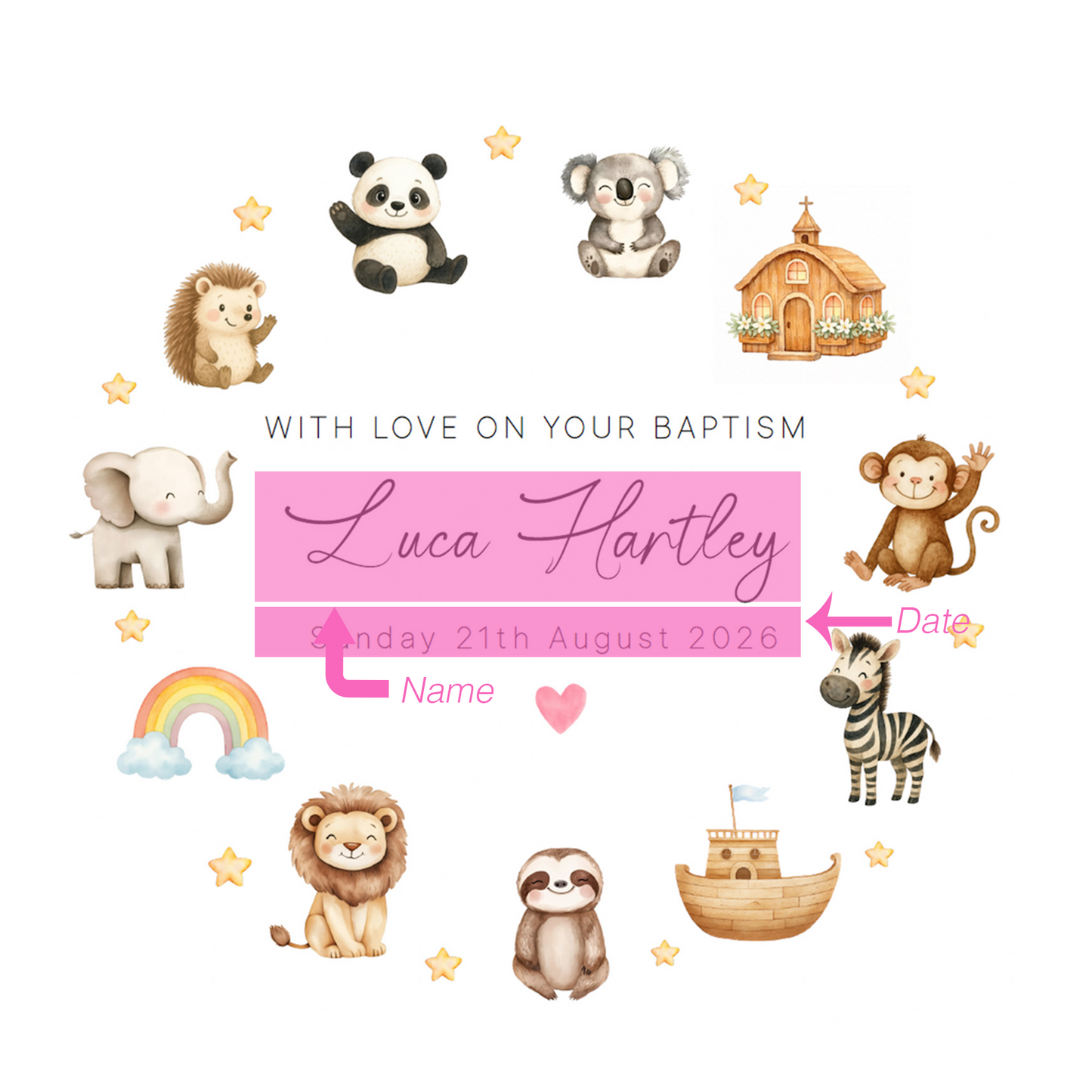 Personalised Christening Card for Boys or Girls – Cute Animals and Church Design with Custom Name and Date - Baptism Card for Son, Daughter, Grandson, Granddaughter, Nephew, Niece with Kraft Envelope