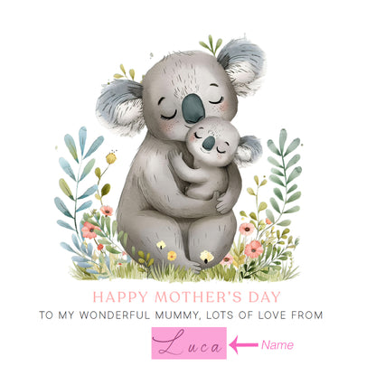 Personalised Happy Mother's Day Card with Custom Name for Her, Mummy, Mama, Mum, Mother to be, Mum to be, Grandma, Wife - Cute Koala Mum & Kid Design from Son, Daughter and Kids  Pink Envelope Included