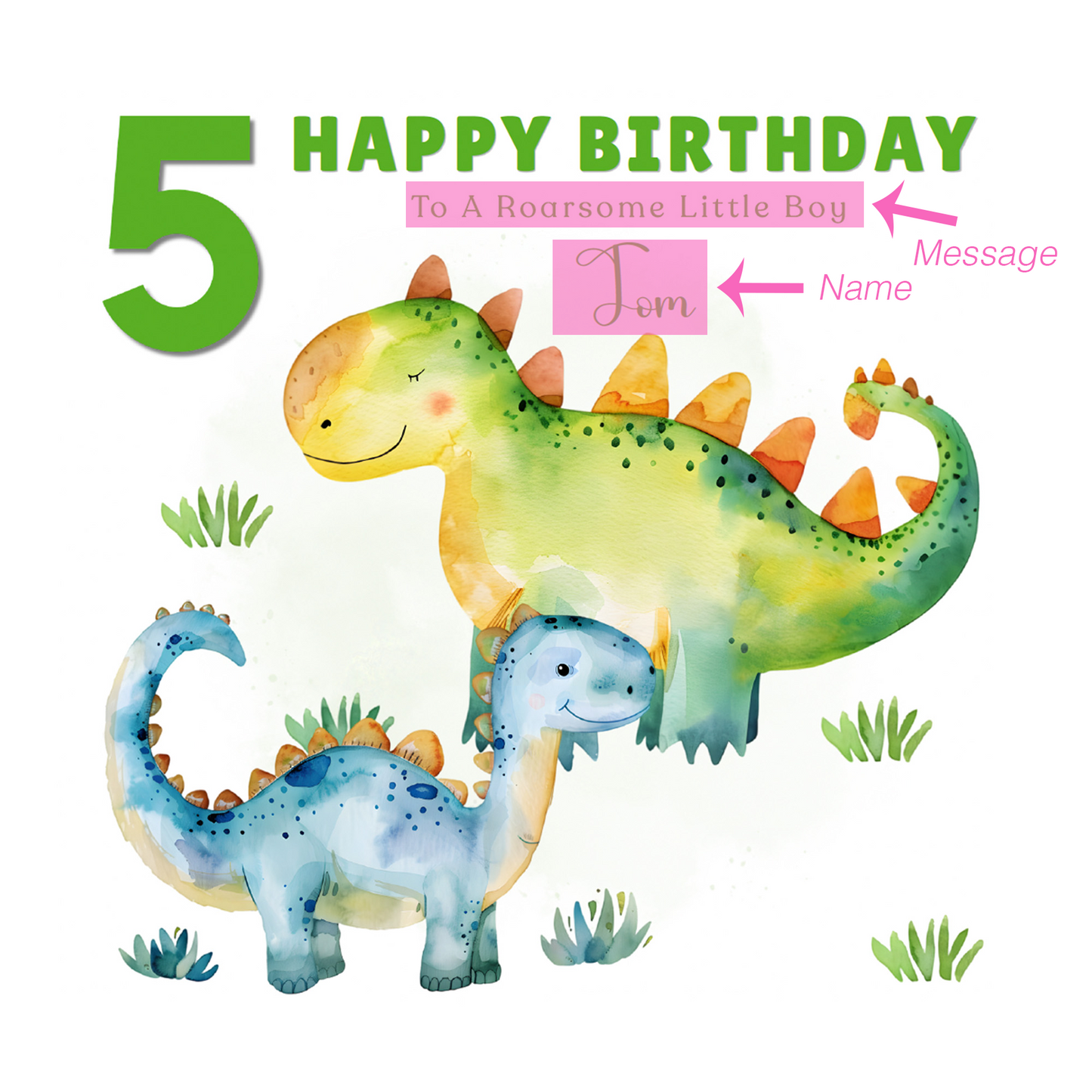 Personalised 5th Birthday Card for Boys – Dinosaur Design with Custom Name & Message for Age 5 Years Old, Fifth Birthday Kids, Son, Grandson, Nephew –  Green Envelope Included