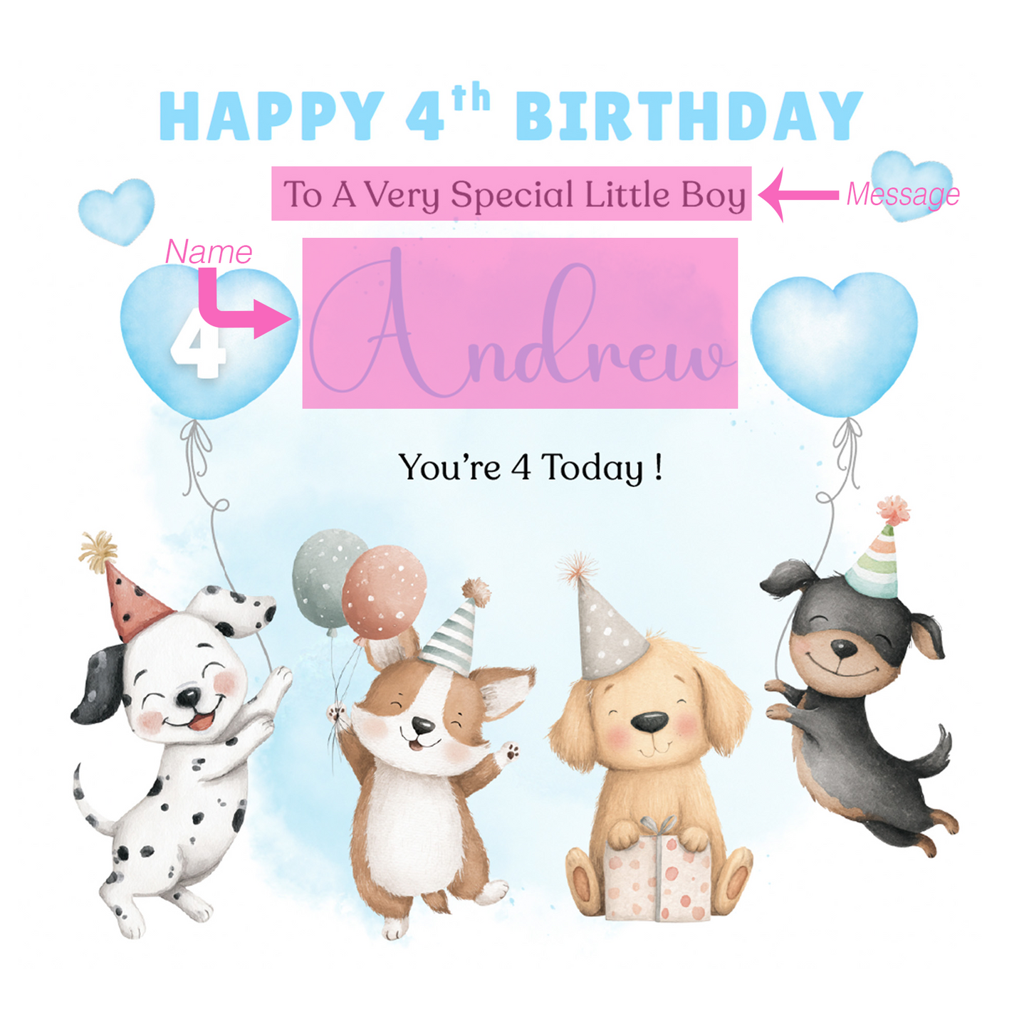 Personalised 4th Birthday Card for Boys – Cute Puppy Dogs Design with Custom Name and Message, Age 4 Years Old Birthday Card for Kids, Children, Boy, Son, Grandson, Nephew– Blue Envelope Included