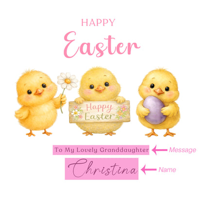 Personalised Happy Easter Card for Girls with Custom Name and Message - Three Baby Chicks Design for Daughter, Granddaughter, Niece, Kids, Girl, Baby Girl, Little One – Pink Envelope Included