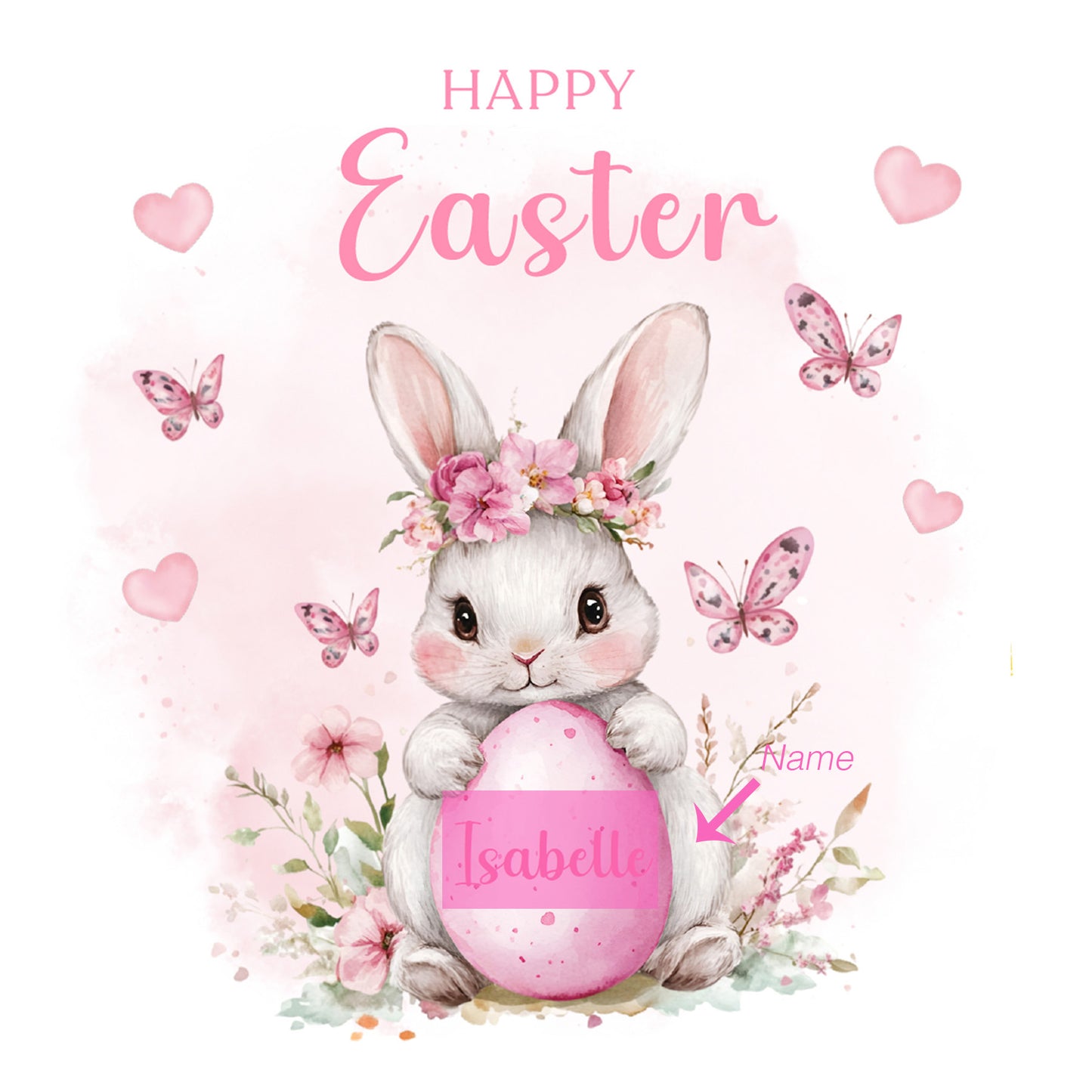 Personalised Happy Easter Bunny Card for Girls with Custom Name - Easter Rabbit and Egg Design for Daughter, Granddaughter, Niece, Kids, Girl, Baby Girl, Little One – Pink Envelope Included