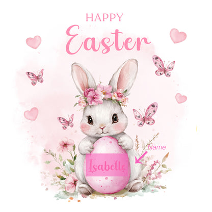 Personalised Happy Easter Bunny Card for Girls with Custom Name - Easter Rabbit and Egg Design for Daughter, Granddaughter, Niece, Kids, Girl, Baby Girl, Little One – Pink Envelope Included