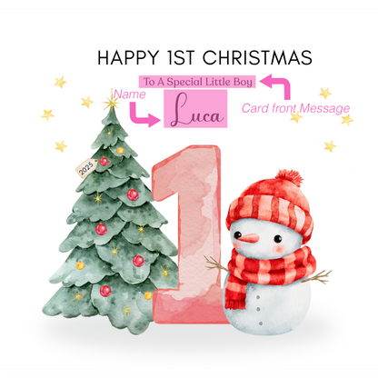 Personalised 1st Christmas Card for Baby Boy & Girl– Cute Snowman and Xmas Tree Design with Customised Name and Message, Watercolor First Xmas Card for Son, Daughter, Grandson, GrandDaughter, Nephew, Niece - Red Envelope Included