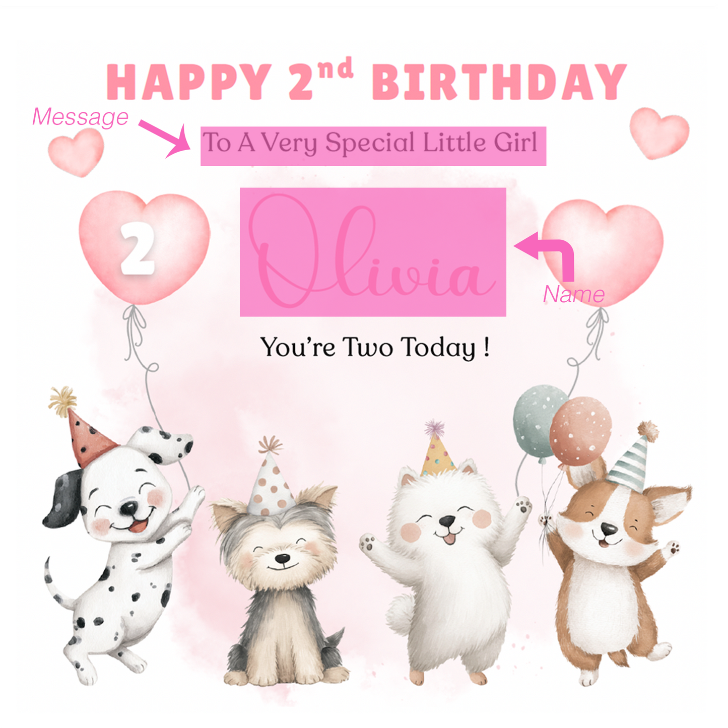 Personalised 2 Years Old 2nd Birthday Card for Toddler Girl – Puppy Dogs Design  Design with Custom Name & Message - Two years old Birthday Card for Daughter, Granddaughter, Niece with Pink Envelope