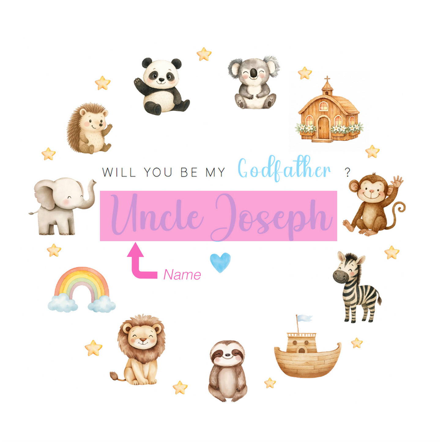Personalised Godfather Proposal Card -  Will You Be My Godfather Card - Cute Animals Godfather Ask Card - Personalised Baptism Christening Day Proposal Card - Blue Envelope Included