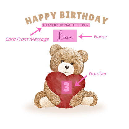 Teddy Bear with Heart-shaped Balloon-Personalised Birthday Folded Card for Boys, Custom Name, Age and Message, Watercolour Effect Happy Birthday Card, Any Age Birthday, 1st 2nd 3rd 4th 5th 6th 7th 8th 9th 10th, Customisable Birthday Card for Children