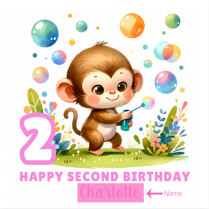 Personalised 2 Years Old 2nd Birthday Card for Toddler Girl –  Monkey Jungle Animal Design with Custom Name & Message - Age 2 Birthday Card for Daughter, Granddaughter, Niece- Pink Envelope Included