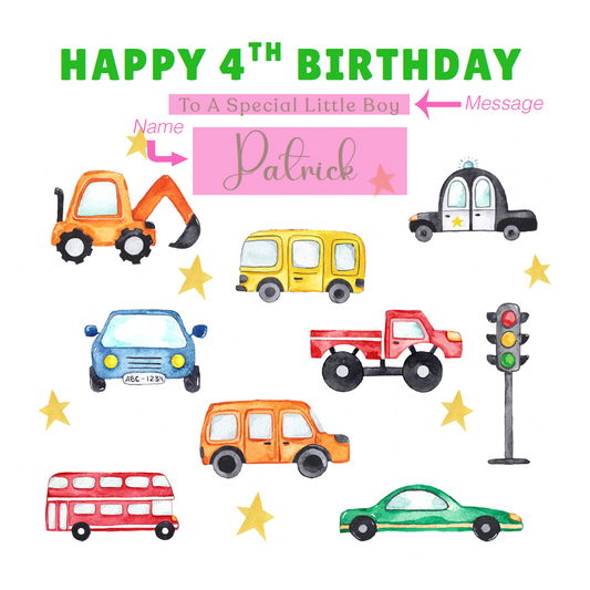Personalised 4 Years Old 4th Birthday Card for Boys – Cars & Trucks Design with Custom Name & Message - Age 4 Vehicles Birthday Card for Kids, Children, Son, Grandson Nephew with Green Envelope