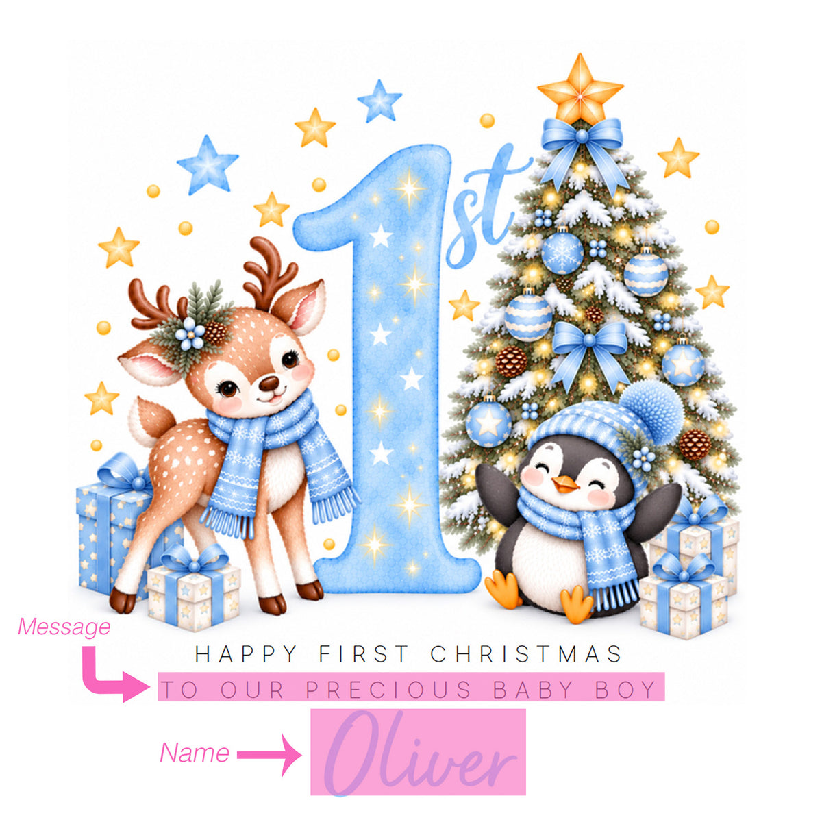 Personalised Baby Boy's 1st Christmas Card – Reindeer & Penguin