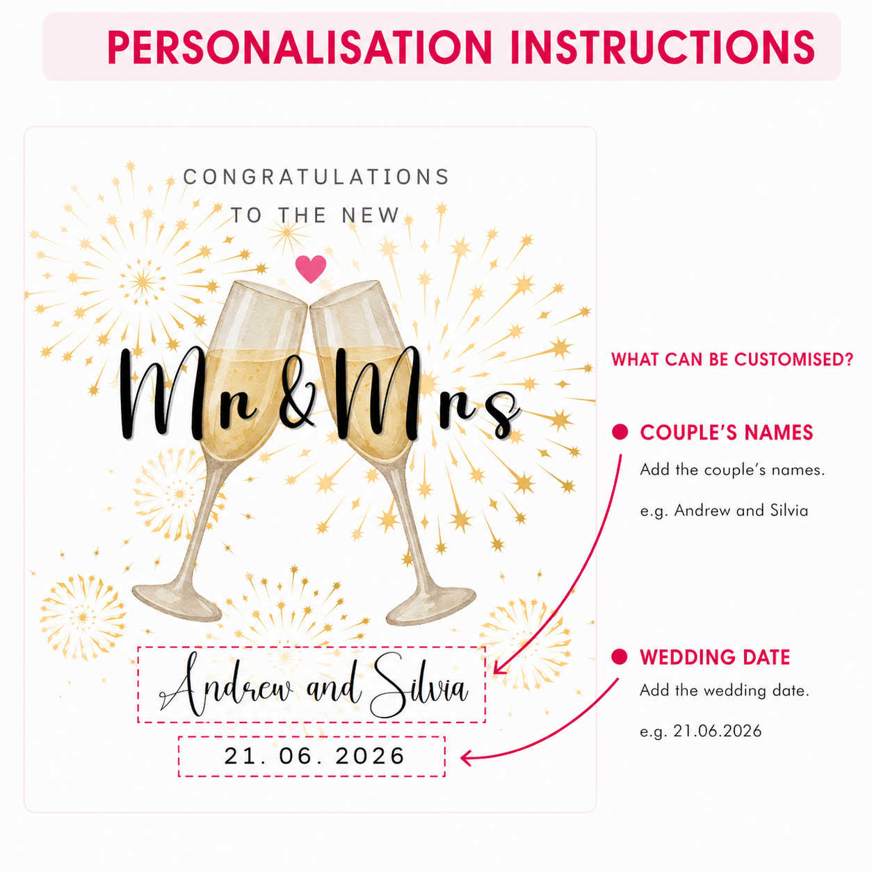 Personalised Mr & Mrs Wedding Card with Custom Couple's Name & Wedding Date – Champagne Toast Design - Wedding Congratulations Card for Newlywed couples, Him or Her - Kraft Envelope Included