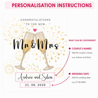 Personalised Mr & Mrs Wedding Card with Custom Couple's Name & Wedding Date – Champagne Toast Design - Wedding Congratulations Card for Newlywed couples, Him or Her - Kraft Envelope Included