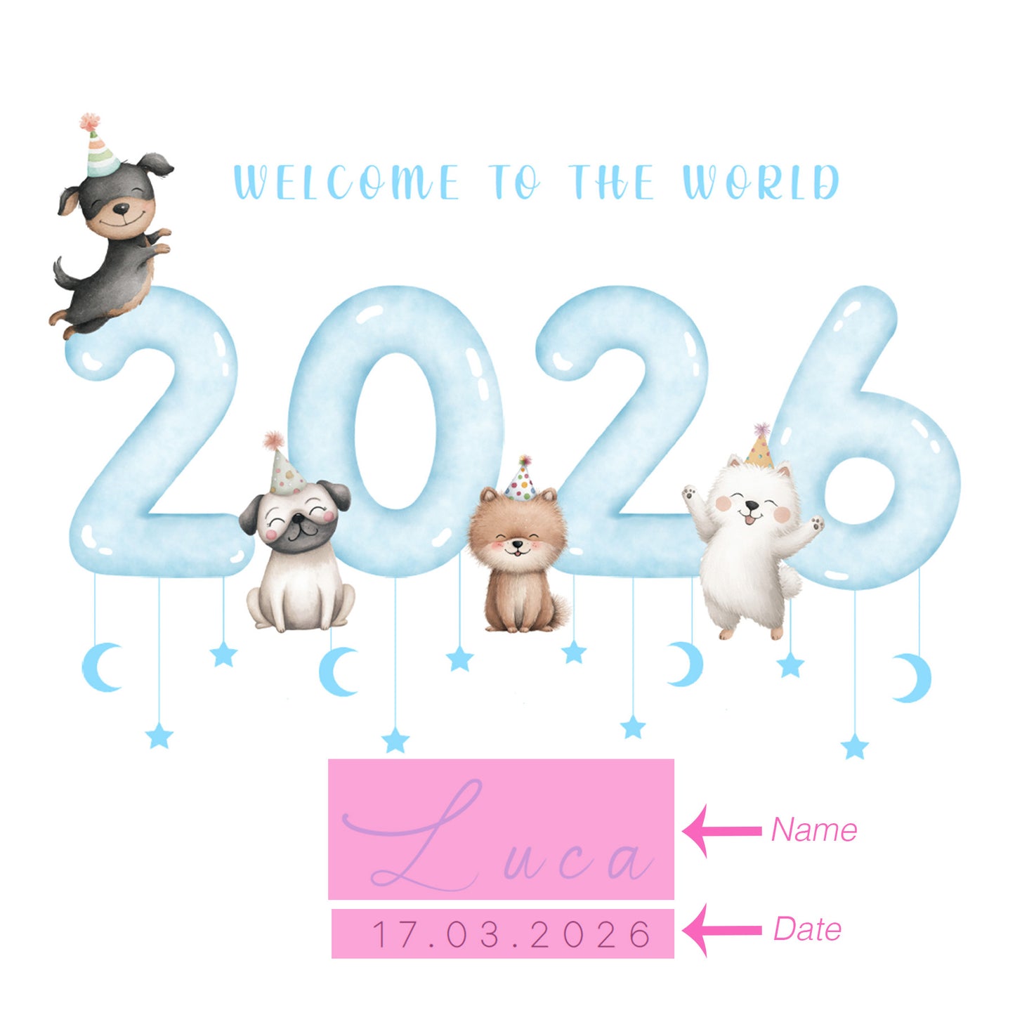 Personalised New Baby Boy Card Congratulations for Newborn Boy, Welcome To The World Card, Baby Shower for Son, Grandson, Nephew - Cute Puppy Dogs Design with Custom Name and Date with Blue Envelope