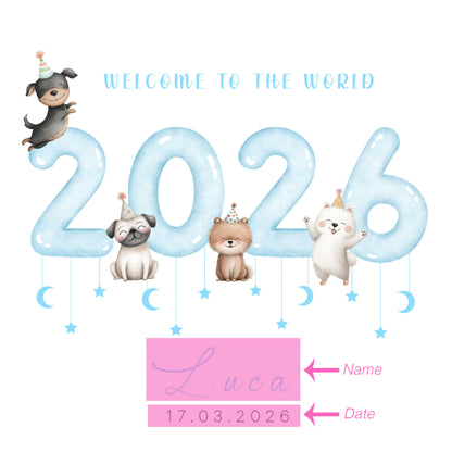 Personalised New Baby Boy Card Congratulations for Newborn Boy, Welcome To The World Card, Baby Shower for Son, Grandson, Nephew - Cute Puppy Dogs Design with Custom Name and Date with Blue Envelope