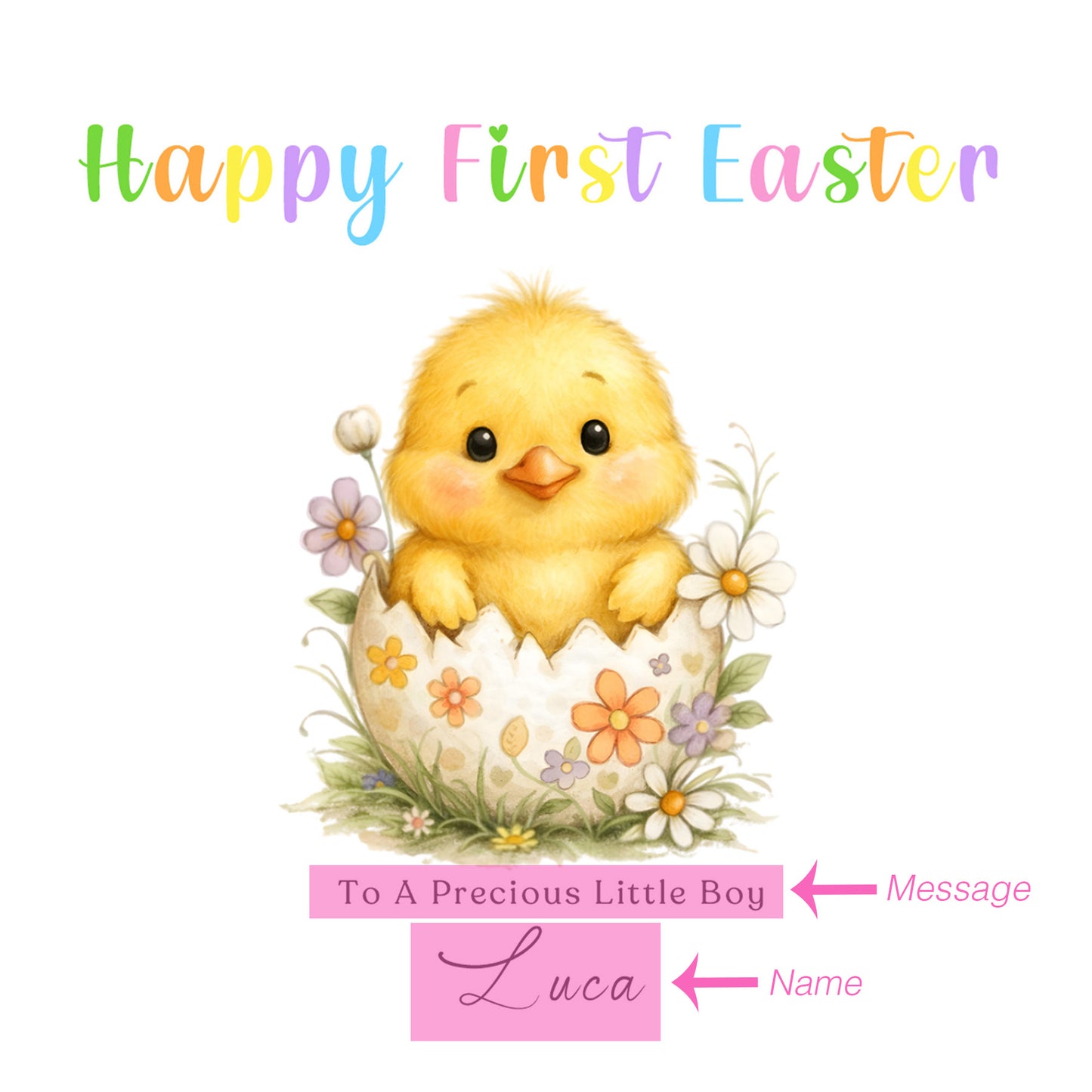 Personalised 1st Happy Easter Card for Baby Girl, Baby Boy with Custom Name and Message - Cute Fluffy Chick Design - First Easter Card for Grandkids, Nephew, Niece, Kids, Little One with Yellow Envelope