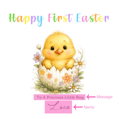 Personalised 1st Happy Easter Card for Baby Girl, Baby Boy with Custom Name and Message - Cute Fluffy Chick Design - First Easter Card for Grandkids, Nephew, Niece, Kids, Little One with Yellow Envelope