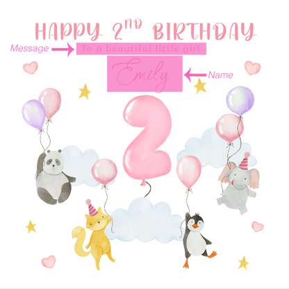 Personalised 2 Years Old 2nd Birthday Card for Toddler Girl - Sky Animals Design with Custom Name & Message - Age 2 Two years old Birthday Card for Daughter, Granddaughter, Niece with Pink Envelope