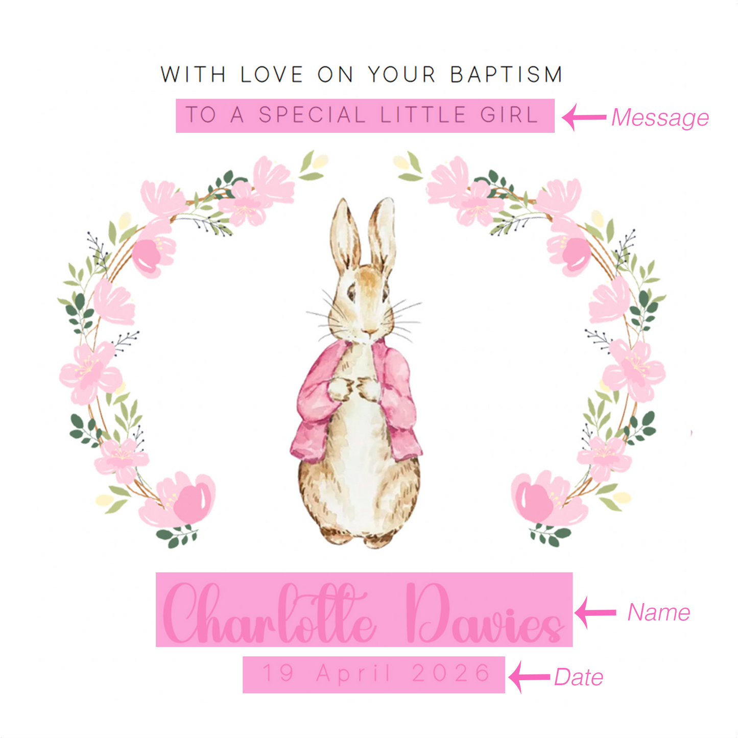 Personalised Christening Card for Girl – Custom Baptism Card with Message, Name & Date - Floral Wreath Bunny Design – Baptism Card for Girls, Daughter, Granddaughter, Niece with Pink Envelope