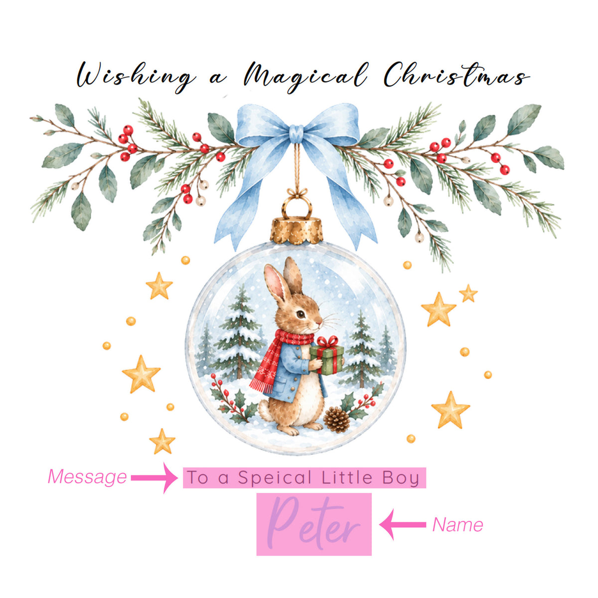 Personalised Christmas Card for Boys – Bunny in a Christmas Bauble
