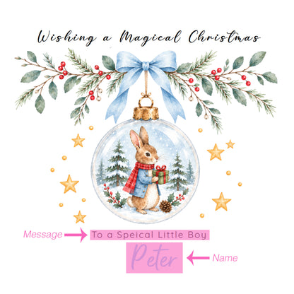 Personalised Christmas Card for Boys – Bunny in a Christmas Bauble