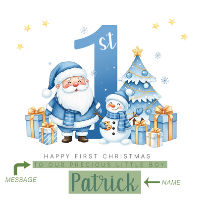 Personalised 1st Christmas Card for Boys - Blue Santa, Snowman & Xmas Tree Design with Customised Name & Message,First Xmas Card for Baby Boy, Son, Grandson, Nephew Little One - Blue Envelope Included