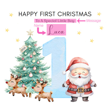 Personalised 1st Christmas Card for Baby Boy – Cute Santa, Reindeer and  Christmas Tree Design with Customised Name & Message, Watercolor First Xmas Card for Son, Grandson, Nephew - Blue  Envelope Included