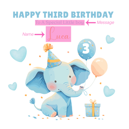 Personalised 3 Years Old 3rd Birthday Card for Toddler Boy – Blue Elephant Design with Custom Name & Message - Age 3 Year Old Birthday Card for Little One, Son, Grandson, Nephew with Blue Envelope