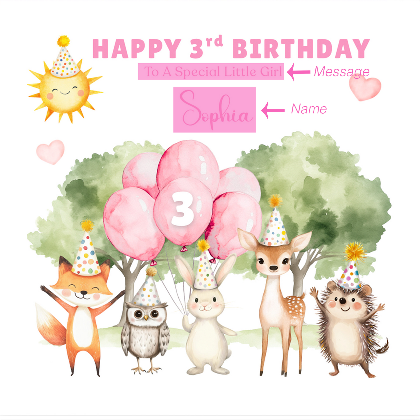 Personalised 3 Years Old 3rd Birthday Card for Toddler Girl – Woodland Animal Design with Custom Name & Message - Age 3 Year Old Birthday Card for Daughter, Granddaughter, Niece with Pink Envelope