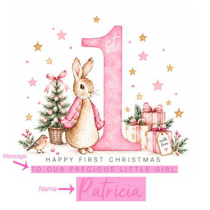 Personalised Christmas Card for Baby Girls – Cute Pink Rabbit and Number 1