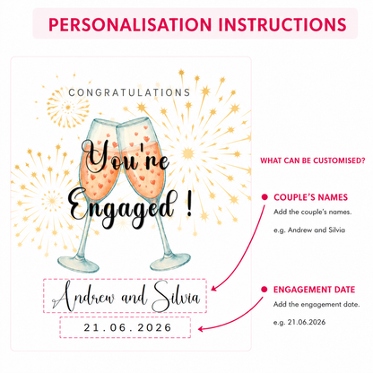 Personalised Engagement Card with Custom Couple's Name & Date – You’re Engaged Champagne Toast Design - Congratulations Card for Couples, Him or Her - Kraft Envelope Included