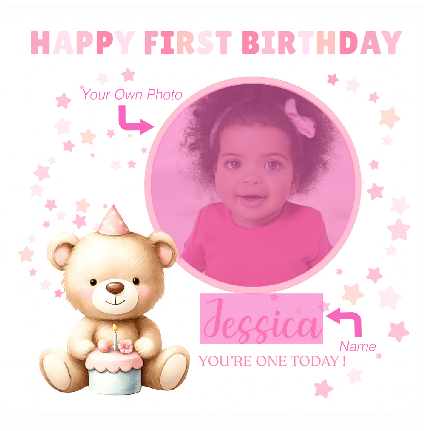 Personalised Photo 1st Birthday Card for Baby Girl – Cute Teddy Bear Design with Custom Photo and Name – One Year Old First Birthday Card for Daughter, Granddaughter, Niece – Pink Envelope Included