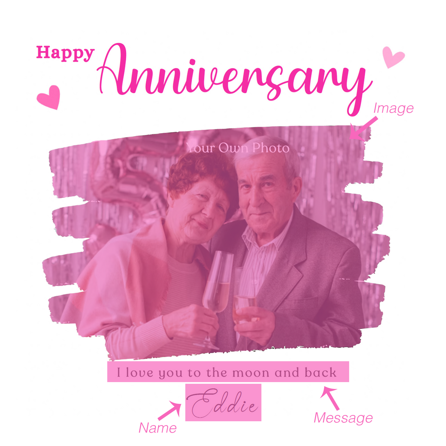 Personalised Photo Anniversary Card - Paintbrush Photo Frame Design - Custom Message, Name & Photo for Wedding, Relationship Milestone, Him, Her, Wife, Husband, Couple - Pink Envelope Included