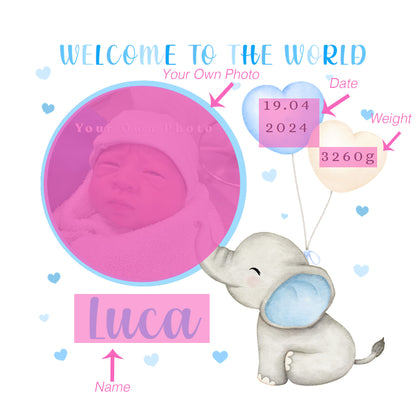 Personalised Photo New Baby Boy Card Congratulations for Newborn Boy, Welcome To The World Card for Son, Grandson, Nephew with Cutstom Photo Frame, Name, Birth Date & Weight with Blue Envelope