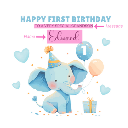 Personalised 1st Birthday Card for Baby Boy – Cute Blue Elephant Design with Custom Name and Message, Watercolour One Year Old First Birthday Card for Son, Grandson, Nephew– Blue Envelope Included