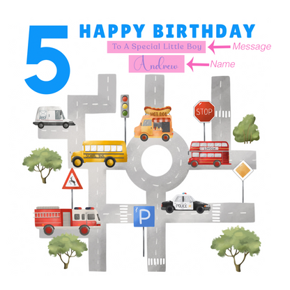 Personalised 5th Birthday Card for Boys – Cars, Transport Theme with Custom Name and Message, Age 5 Years Old Birthday Card for Kids, Children, Boy, Son, Grandson, Nephew – Blue Envelope Included