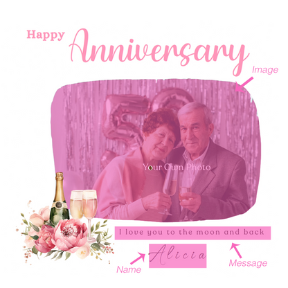 Personalised Photo Anniversary Card - Elegant Floral and Champagne Design - Custom Message, Name & Photo for Wedding, Relationship, Him, Her, Wife, Husband, Partner, Couple - Pink Envelope Included