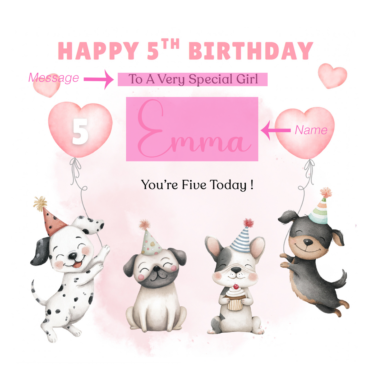 Personalised 5th Birthday Card for Girls – Cute Puppy Dogs Design with Custom Name and Message – Age 5 Years Old Birthday Card for Girls, Kids, Daughter, Granddaughter, Niece – Pink Envelope Included