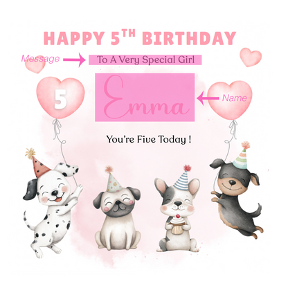 Personalised 5th Birthday Card for Girls – Cute Puppy Dogs Design with Custom Name and Message – Age 5 Years Old Birthday Card for Girls, Kids, Daughter, Granddaughter, Niece – Pink Envelope Included
