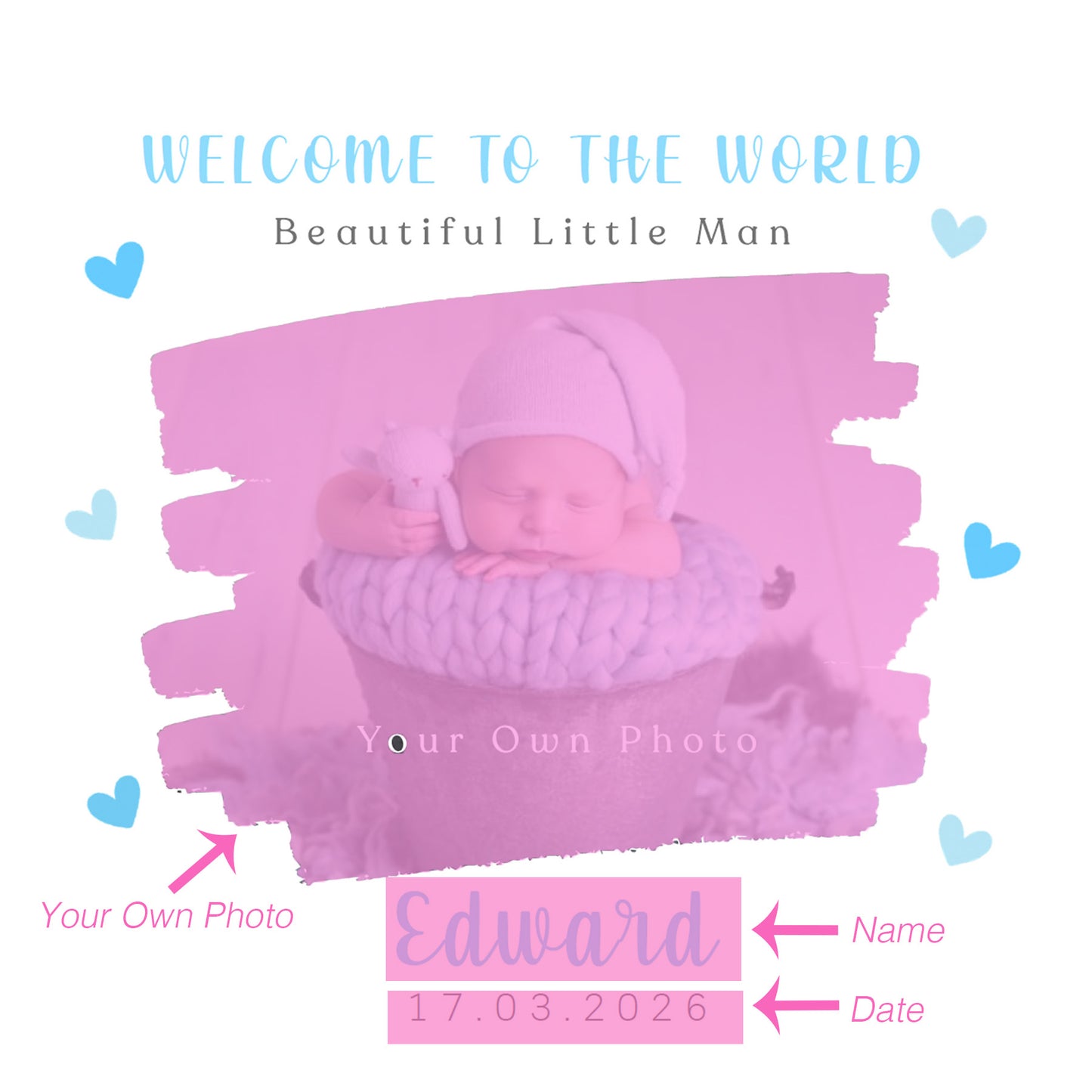 Personalised Photo New Baby Boy Card Congratulations for Newborn Boy, Welcome To The World Card for Son, Grandson, Nephew, Brush Stroke Photo Frame Design with Custom Name & Date with Blue Envelope