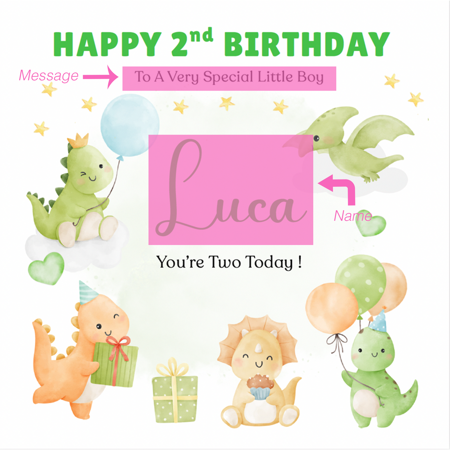 Personalised 2 Years Old 2nd Birthday Card for Toddler Boy – Dinosaur Design with Custom Name & Message - Two years old Birthday Card for Son, Grandson Nephew with Green Envelope