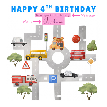 Personalised 4 Years Old 4th Birthday Card for Boys – Cars & Road Map Design with Custom Name & Message - Age 4 Vehicles Birthday Card for Kids, Children, Son, Grandson Nephew with Blue Envelope