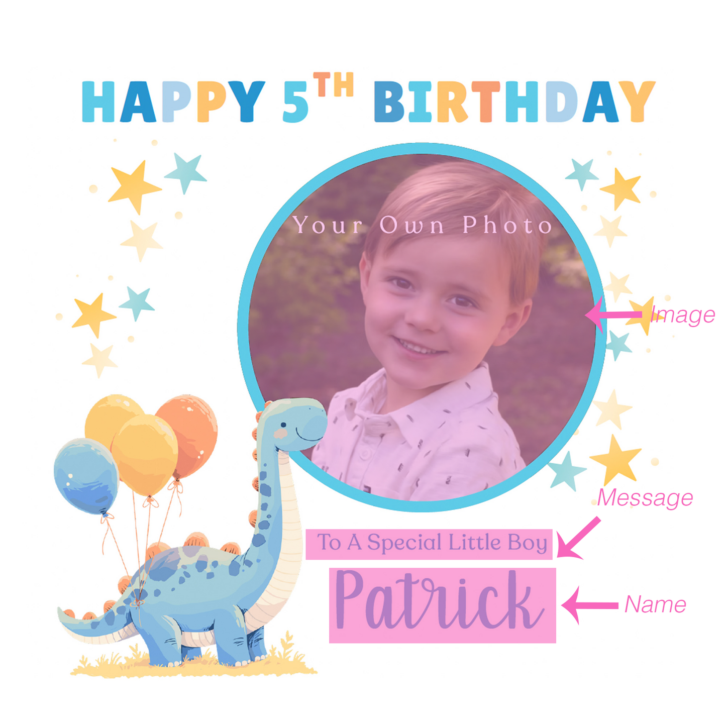 Personalised Photo 5th Birthday Card for Boys – Diplodocus Dinosaur Design with Custom Photo, Name & Message for Age 5 Years Old, Fifth Birthday Kids, Son, Grandson, Nephew –  Blue Envelope Included