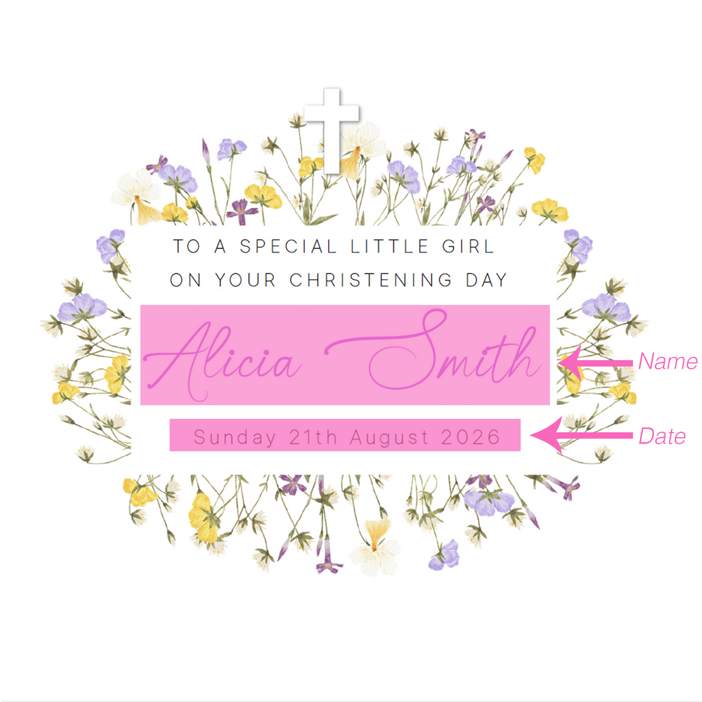 Personalised Christening Card for Girl – Custom Baptism Card with Name & Date - Elegant Purple Flowers Design – Baptism Card for Girls, Daughter, Granddaughter, Niece - Purple Envelope Included
