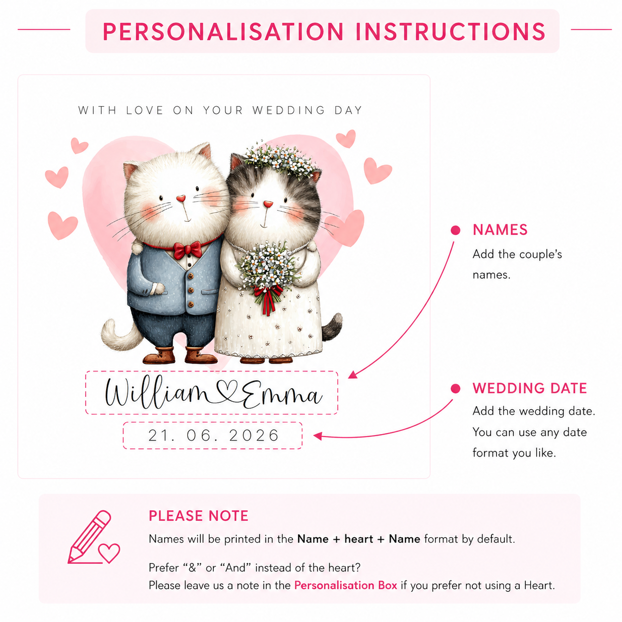 Personalised Wedding Card – Custom Couple's Names & Wedding Date – Cute Cats Design - Wedding Congratulations Card for Newlywed couples, Cat Lovers, Him or Her - Pink Envelope Included