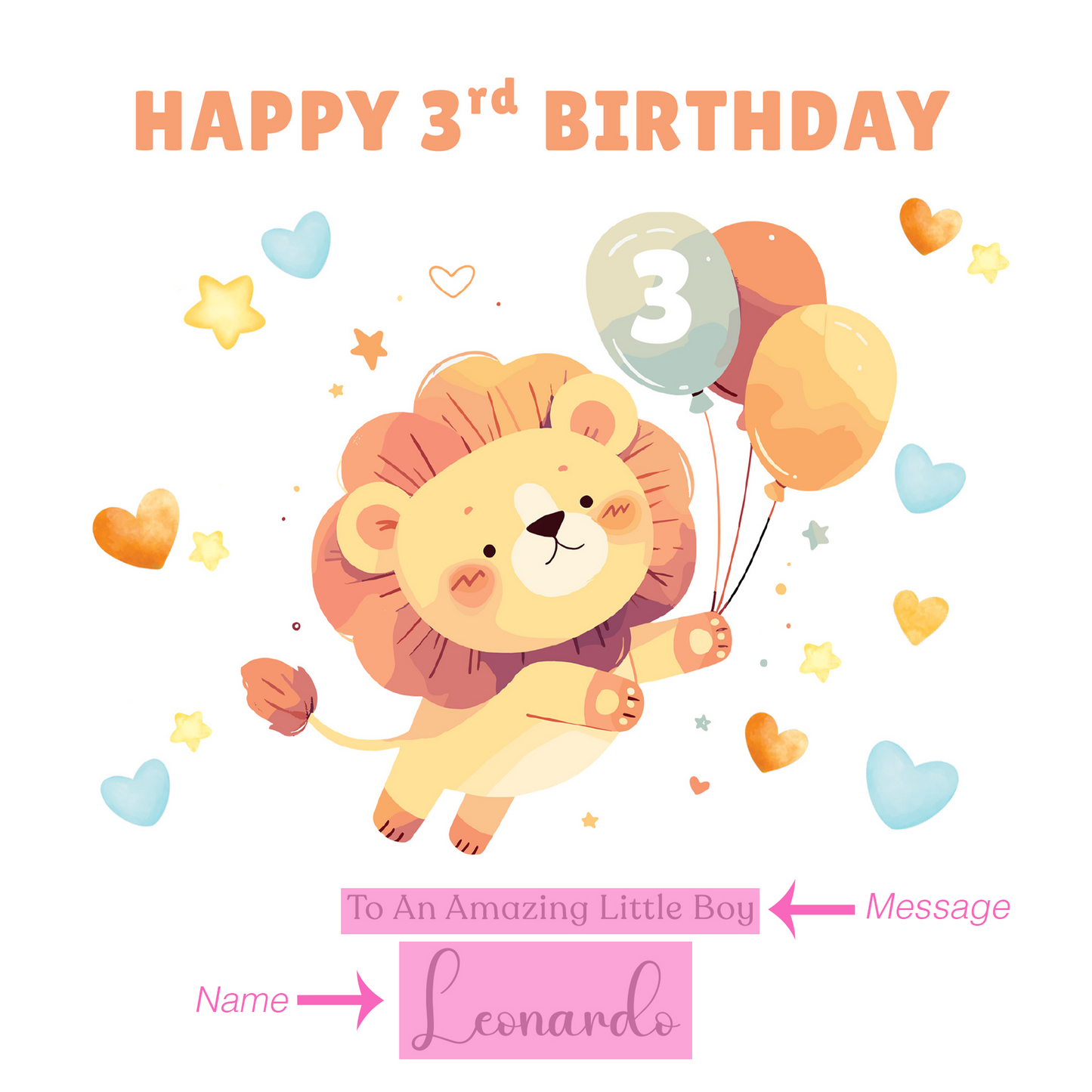 Personalised 3 Years Old 3rd Birthday Card for Toddler Boy - Cute Lion & Balloons Design with Custom Name & Message - Age 3 Year Old Birthday Card for Son, Grandson Nephew with Orange Envelope