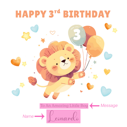 Personalised 3 Years Old 3rd Birthday Card for Toddler Boy - Cute Lion & Balloons Design with Custom Name & Message - Age 3 Year Old Birthday Card for Son, Grandson Nephew with Orange Envelope