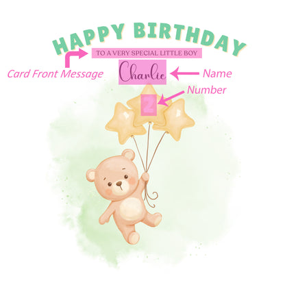 Bear with Star Balloons-Personalised Birthday Folded Card for Boys, Custom Name, Age and Message, Watercolour Effect Happy Birthday Card, Any Age Birthday, 1st 2nd 3rd 4th 5th 6th 7th 8th 9th 10th, Customisable Birthday Card for Children