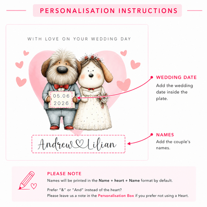 Personalised Wedding Card – Custom Couple's Names & Wedding Date – Cute Dogs Design - Wedding Congratulations Card for Newlywed couples, Dog Lovers, Him or Her - Pink Envelope Included