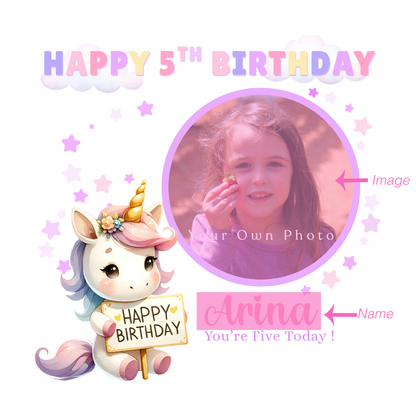 Personalised Photo 5 Years Old 5th Birthday Card for Girls – Unicorn Design with Custom Photo & Name for Age 5 Years Old Kid, Daughter, Granddaughter, Niece -  Purple Envelope Included